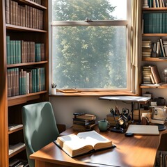 a desk in front of the window and a bookshelf with numerous books