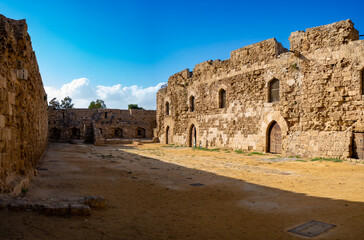 Panoramic view Othello Castle in the old town of Famagusta. It was built by the Lusignans in the 14th century, and was later modified by the Venetians.