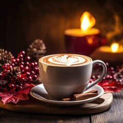 A cup of hot drink against the background of fire, creating a festive atmosphere. AI generated.