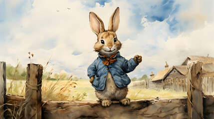 Vintage Watercolor painting of cute easter bunny in the garden standing next to fence