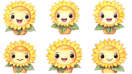 Set of various watercolor sunflower mascot with happy face isolated on white background