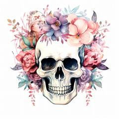 Watercolor Floral Skull isolated on white background