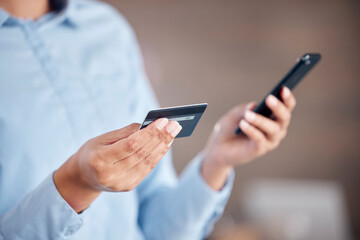 Business woman, hands and phone with credit card for payment, online banking or ecommerce at office. Closeup of female person with debit on mobile smartphone for fintech purchase, shopping or buying