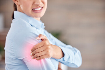 Business woman, shoulder pain and injury from accident, inflammation or sore joint at office. Closeup of female person and ache, strain or broken arm in cramp, muscle tension or red area at workplace - obrazy, fototapety, plakaty