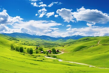 Obraz premium Beautiful landscape with green meadows and blue sky with clouds.