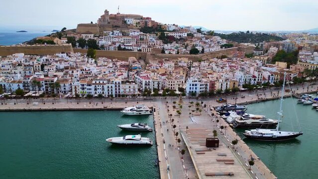 Wonderful aerial top view flight 
Harbor promenade Ibiza Town Spain. panorama overview drone
4k Landscape footage
