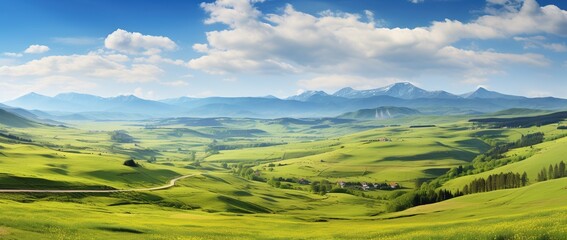 Beautiful landscape with green meadows and blue sky with clouds.
