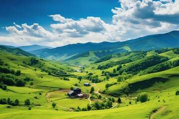 Obraz premium Beautiful landscape with green meadows and blue sky with clouds.