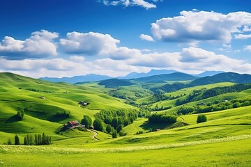 Fototapeta premium Beautiful landscape with green meadows and blue sky with clouds.