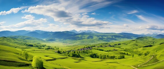 Beautiful landscape with green meadows and blue sky with clouds.