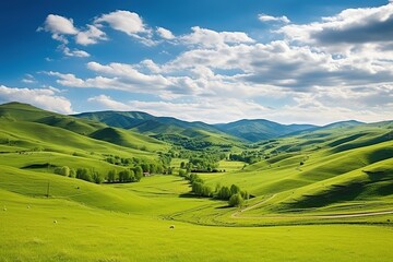 Beautiful landscape with green meadows and blue sky with clouds.