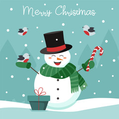 Christmas and winter concept. Snowman in the hat with candy cane, gift box and birds.
