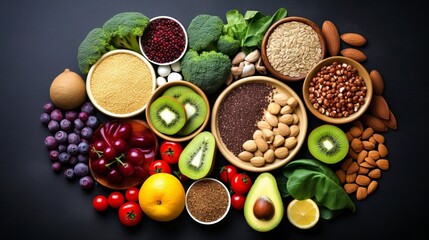 Health food for fitness concept with fruit, vegetables, pulses, herbs, spices, nuts, grains and pulses. High in anthocyanins, antioxidants, generative ai