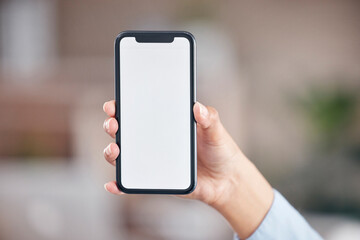 Woman, phone and hand with mockup screen for advertising, social media or marketing at office. Closeup of female person or employee showing mobile smartphone display, copy space or app at workplace