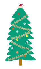 Christmas Tree with Colorful Ornaments Isolated on White Background. With Christmas Wreath like ribbon, snow flakes, acorn, Christmas ball and Christmas bell