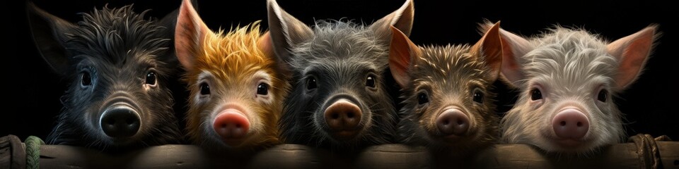 Diverse and Curious Pigs Standing Against a Black Backdrop - obrazy, fototapety, plakaty