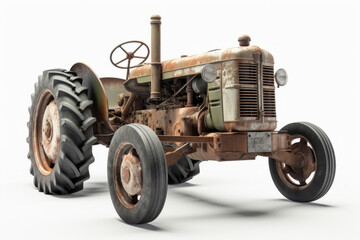 Obraz premium Very old rusty green tractor isolated on white background