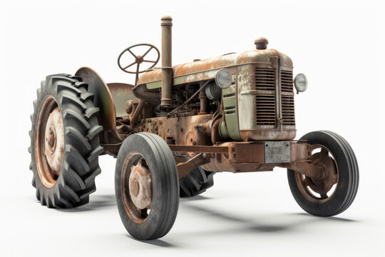 Very old rusty green tractor isolated on white background