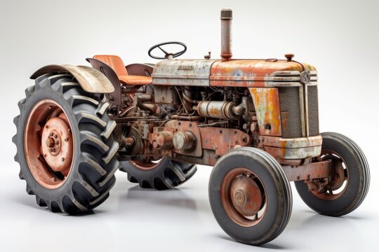Very old rusty tractor isolated on white background