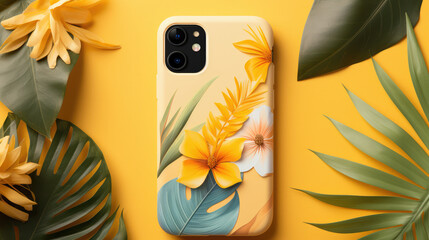 Creative stylish protective bumper template for smartphone with tropic pattern. Design mockup smartphone case, back side. - obrazy, fototapety, plakaty