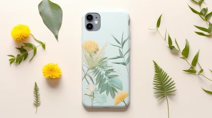 Deurstickers Creative stylish protective bumper template for smartphone with tropic pattern. Design mockup smartphone case, back side. © SnowElf