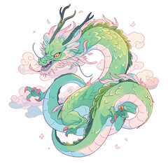 Green dragon on a background of clouds and sky. Vector illustration.