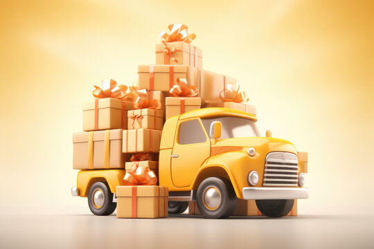Truck with bunch of presents. 3d render style illustration, cartoon creative concept of gift delivery service, sale, new year promotion, present time.