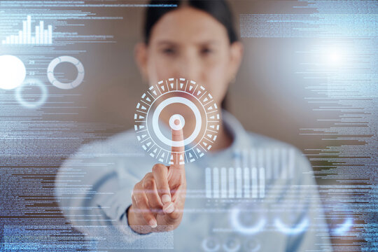 Business woman, fingerprint and screen hologram for biometric, cybersecurity and data analysis or statistics. Professional analyst press or hand for password, identity and gdpr on a digital overlay