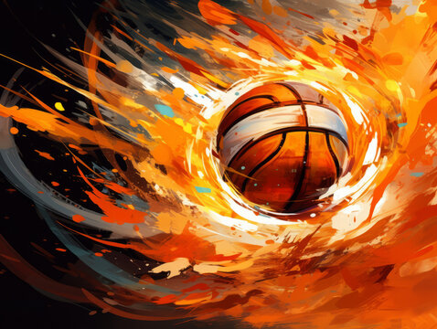 A basketball ball bursts through fiery burst of abstract elements and flames.