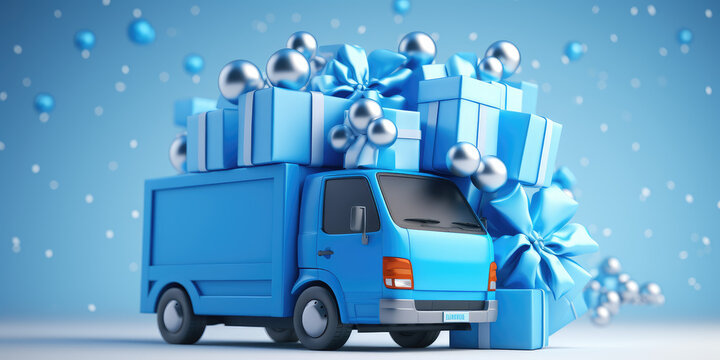 Truck with lots of presents. 3d render style illustration, cartoon creative concept of gift delivery service, sale, new year promotion, present time.