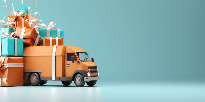 Truck with lots of presents. 3d render style illustration, cartoon creative concept of gift delivery service, sale, new year promotion, present time.