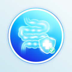 Health care small intestine human internal organs. Medical symbol cross in blue shield and check mark in green button. Labels for design food and pharmaceutical business products. Vector EPS10.