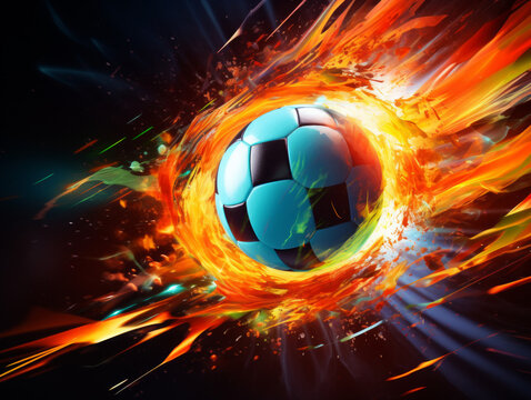 A football is encapsulated in a powerful explosion of fire and energy.