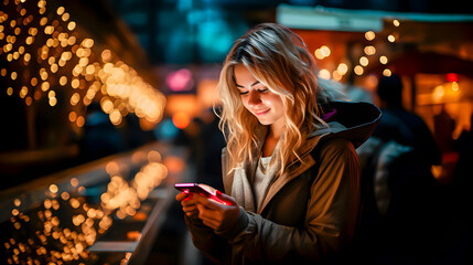 A blonde girl looking at her phone happily - obrazy, fototapety, plakaty