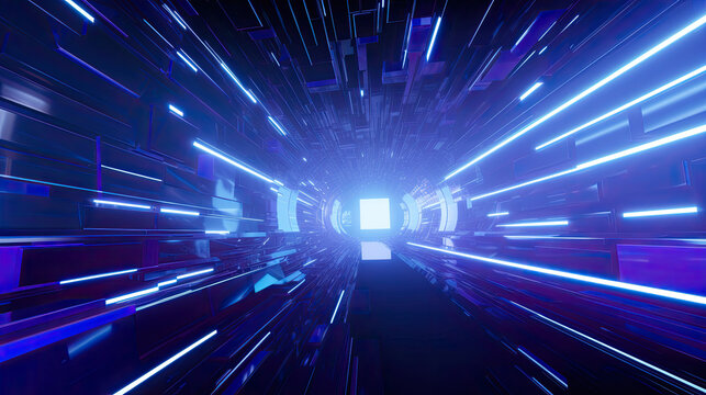 Blue futuristic sci-fi style corridor or shaft background with exit or goal ahead.Abstract cyber or digital speedway concept. 3D speed, abstract light tunnel
