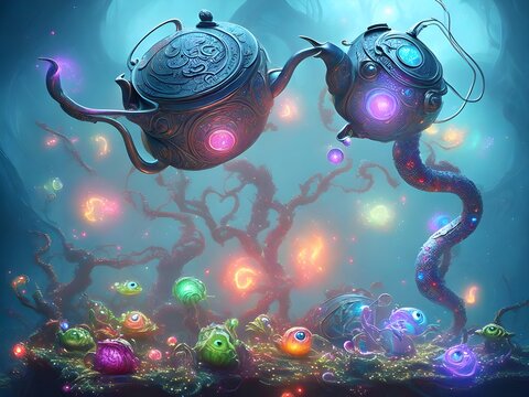 Tiny cute teapot under water