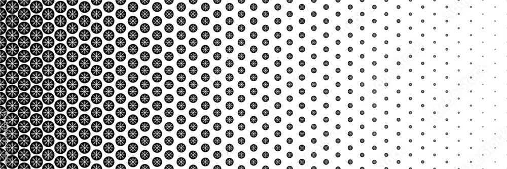 Aufkleber horizontal black halftone of white snow flake in black circle design for pattern and background.