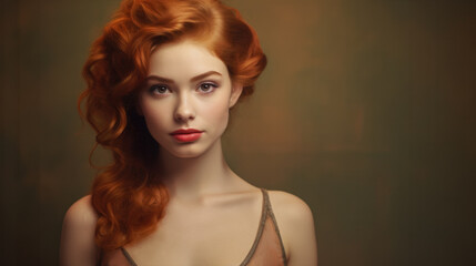 Studio portrait of a fashion model with a new hairstyle perfectly coifed. Long red hair. A sensual woman with a fair complexion. 