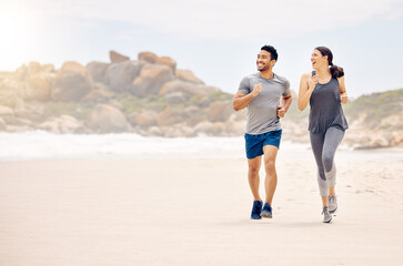 Couple of friends, running and exercise on beach for workout, training and happy with cardio health on nature mockup. Excited woman, man or personal trainer thinking of outdoor fitness by the ocean