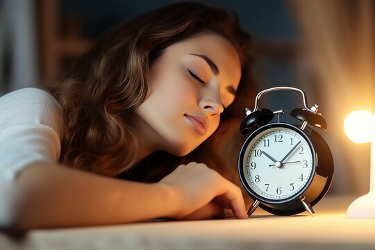 Wake up of an asleep girl, she is stopping alarm clock with eyes closed with AI