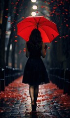 Young woman with red umbrella in the rain with AI