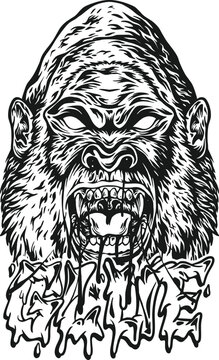 Fantasy scary roar gorilla glue monochrome vector illustrations for your work logo, merchandise t-shirt, stickers and label designs, poster, greeting cards advertising business company or brands.
