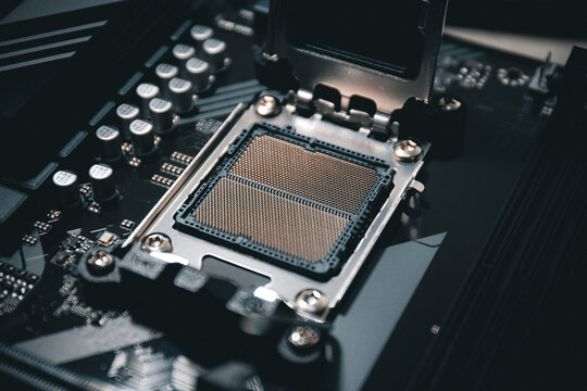 Computer processor from 2023 - CPU sitting in a motherboard on a gaming computer