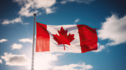 Canada flag flying on the blue sky