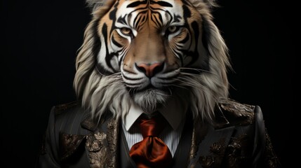 Regal Elegance: Tiger Portrait in a Classic Suit on a Black Background
