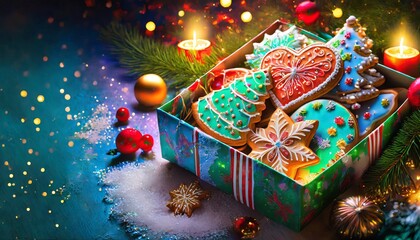  Colorful Christmas gingerbread cookies in a decorative box