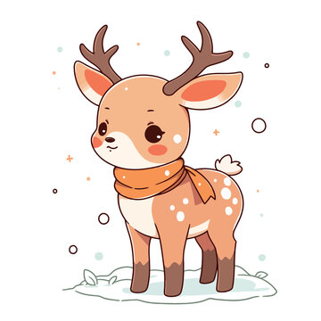 christmas  Cute cartoon reindeer with red bow, vector illustration.