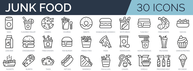 Set of 30 outline icons related to junk food. Linear icon collection. Editable stroke. Vector illustration
