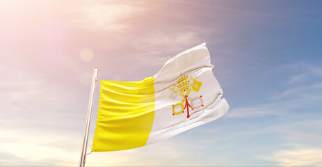 Vatican City national flag waving in beautiful sky. The symbol of the state on wavy silk fabric.