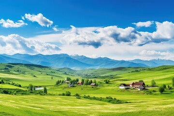 Beautiful landscape with green meadows and blue sky with clouds.
